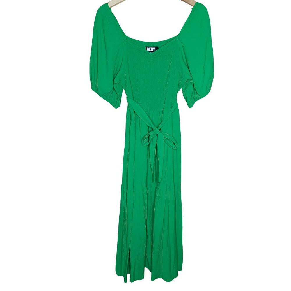 DKNY Gauze Smocked Puff Sleeve Midi Peasant Dress
